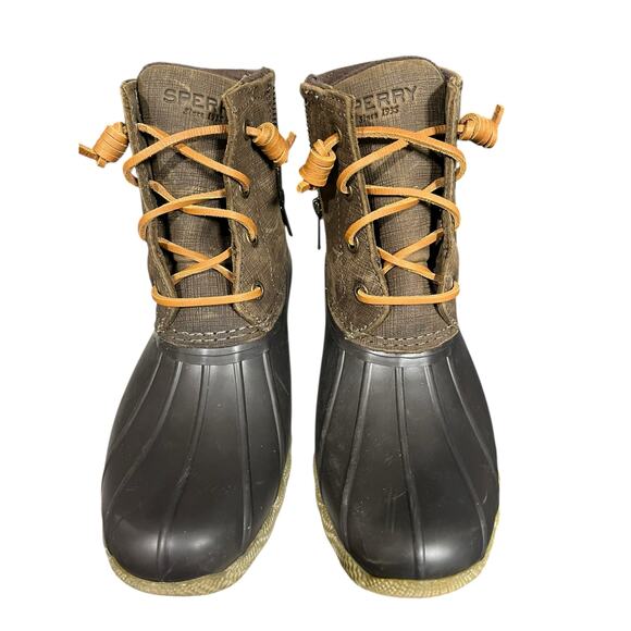 SPERRY Saltwater Brown Olive Crosshatch Duck‎ Boots Women's 6 Ankle Booties - Picture 1 of 8